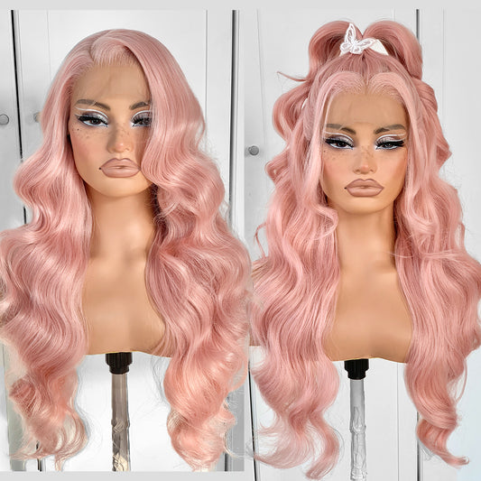 13x6 Pink Wigs Glueless HD Lace Front Wigs Pre Plucked Synthetic Body Wave Wear And Go Lace Front Wig For Cosplay Party Light Pink Wig With Natural Hairline For Fashion Women