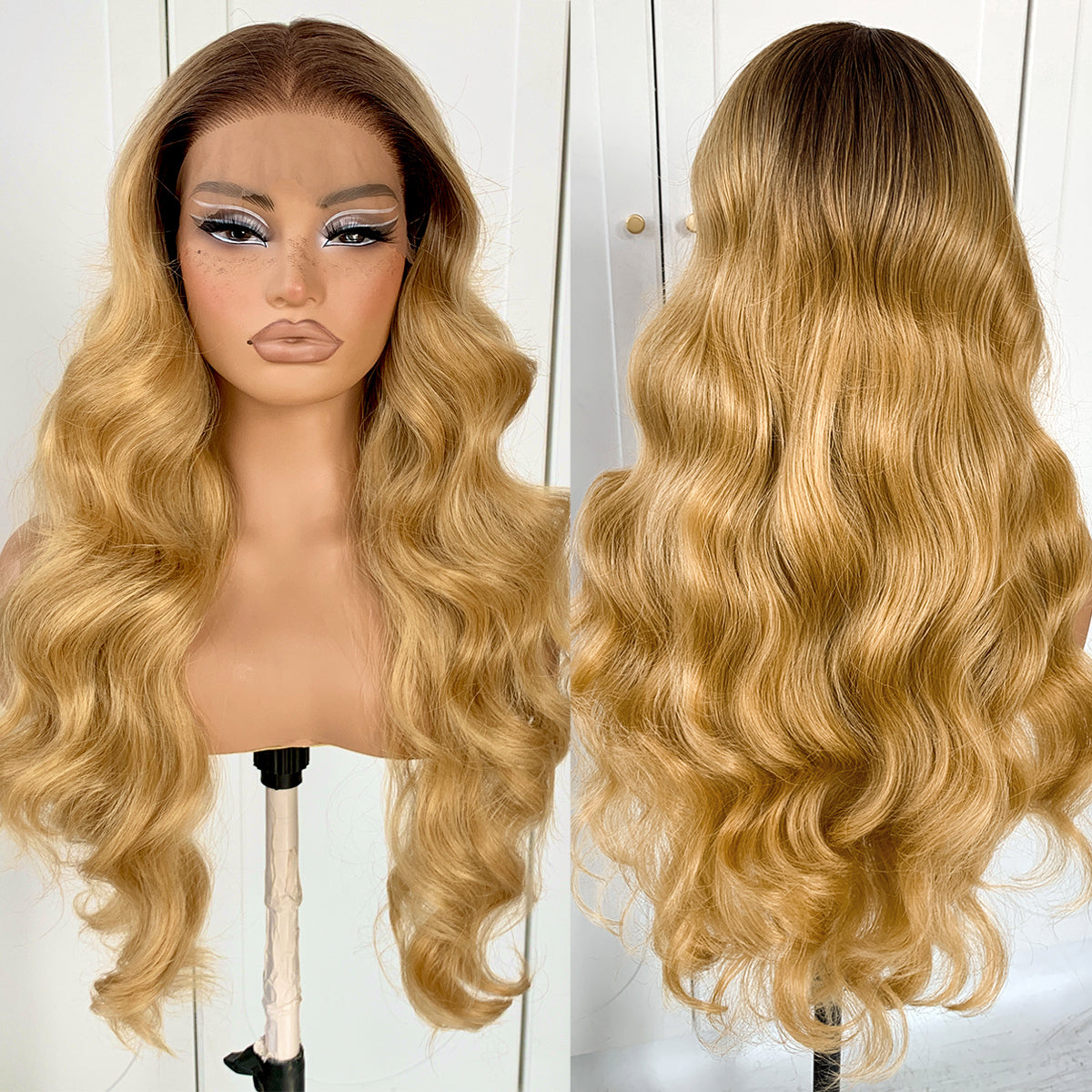 MITIMES 13x6 Blonde Ombre Lace Front Wig Pre-plucked Honey Blonde And Brown Body Wave Wig Synthetic Wear And Go Glueless Wig 26 Inch