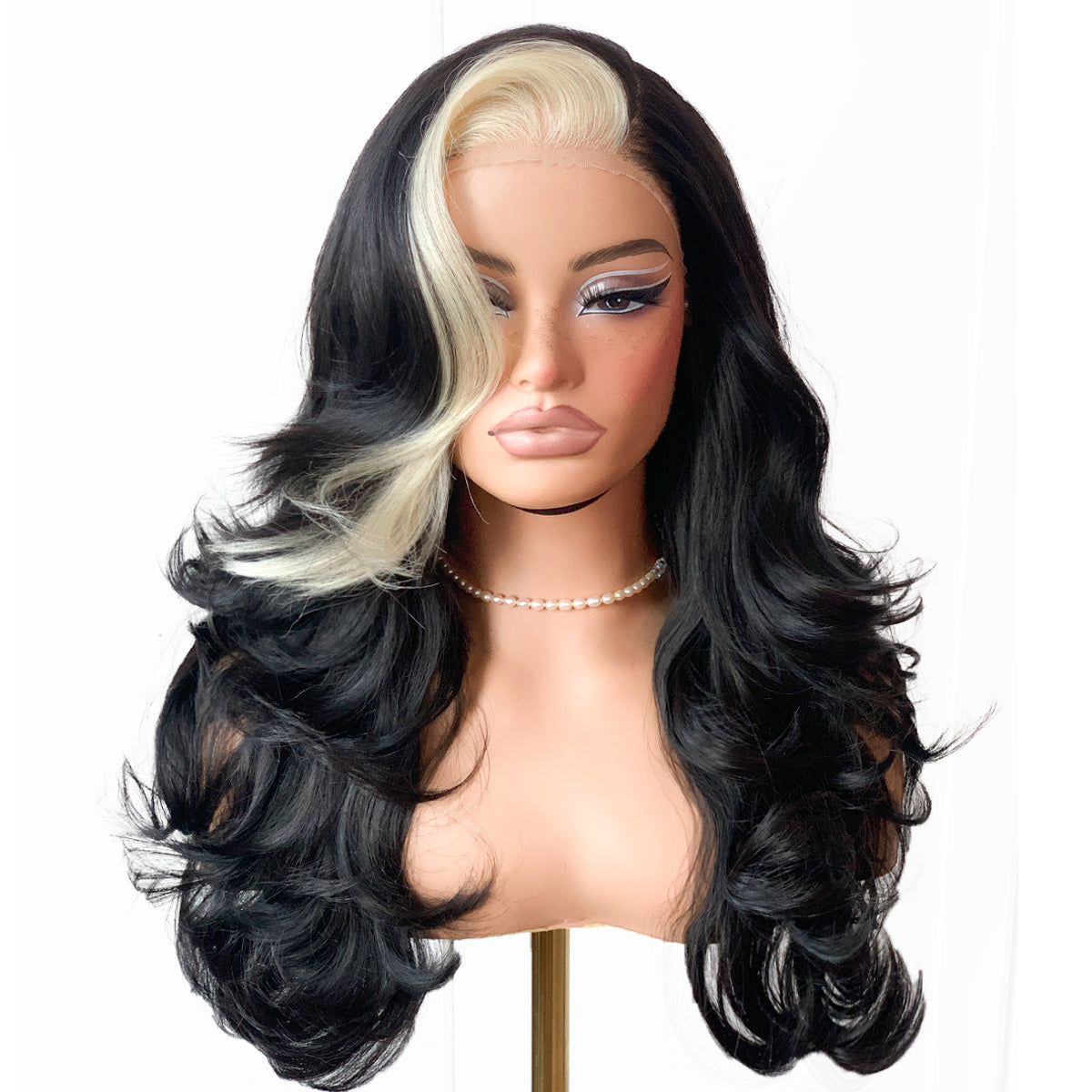 MITIMES M Skunk Stripe Voluminous Feather Layered Hair Flip Out Preplucked Precision-Precut-cut Ready-to-Go Glueless 13x6 HD Synthetic Lace Front Wig