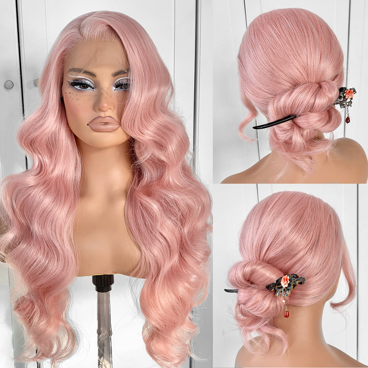 13x6 Pink Wigs Glueless HD Lace Front Wigs Pre Plucked Synthetic Body Wave Wear And Go Lace Front Wig For Cosplay Party Light Pink Wig With Natural Hairline For Fashion Women