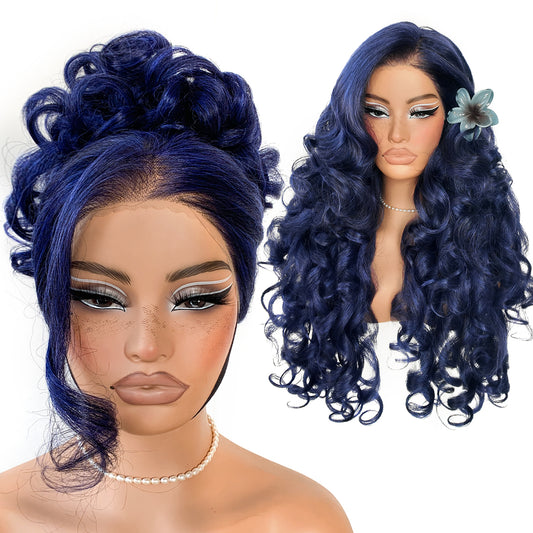 MITIMES 1Wear And Go Blue Lace Wig Pre-Plucked Glueless Yaki Crazy Body Wave Wig Pre-cut Synthetic Dark Blue Balayage HD Lace Front Wig 13x6