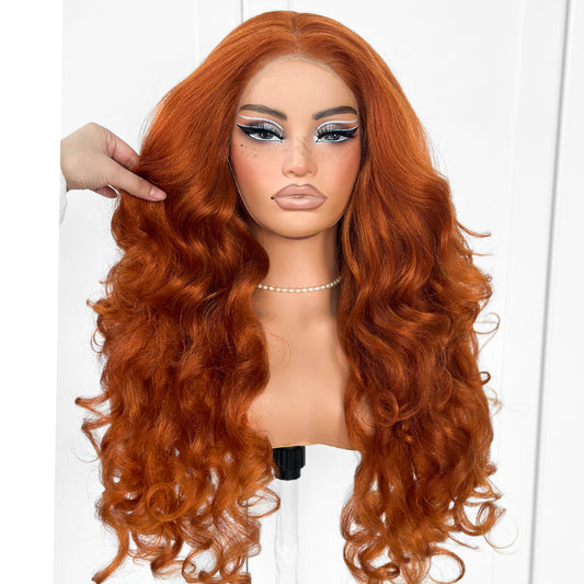 MITIMES Glueless Lace Wig Pre-Plucked Ginger 13x6 Yaki Crazy Body Wave Wig Pre-Cut Synthetic Ginger Wear And Go Wig With Natural Hairline