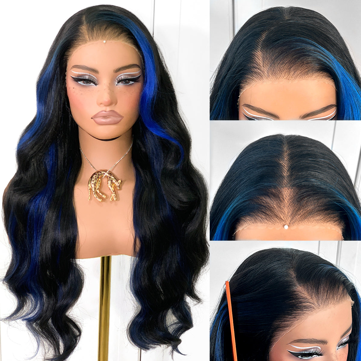 MITIMES Halloween 13x6 Dark Blue Skunk Stripe Cosplay Wig Glueless Lace Front Wigs Pre Plucked Synthetic Body Wave wig Wear and Go lace front wig for black women