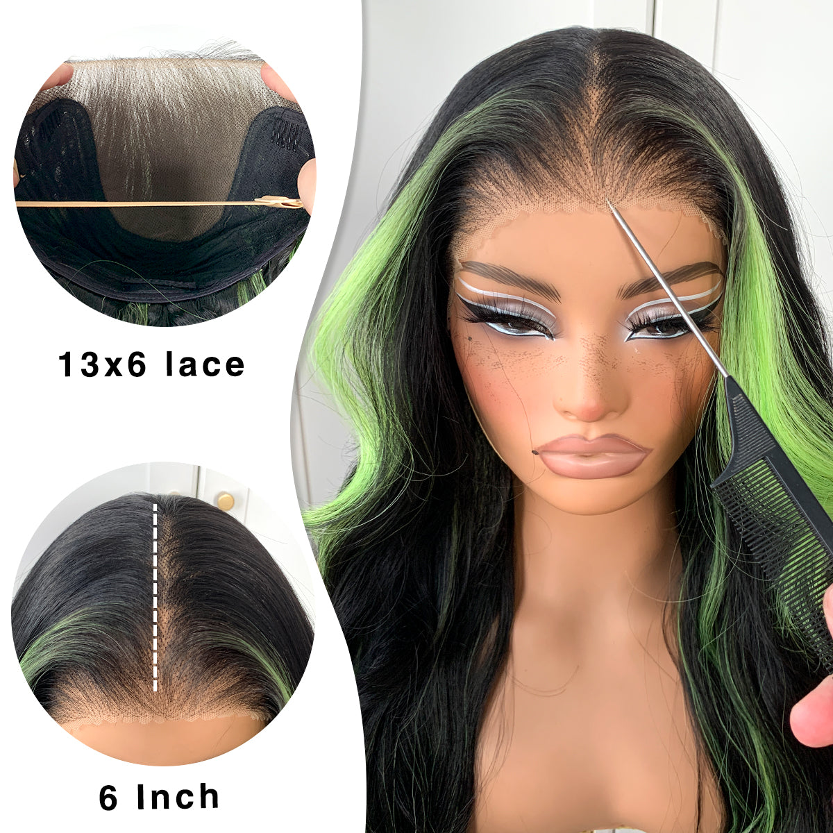 MITIMES Halloween 13x6 Green Skunk Stripe Cosplay Wig Glueless Lace Front Wigs Pre Plucked Synthetic Body Wave wig Wear and Go lace front wig for black women