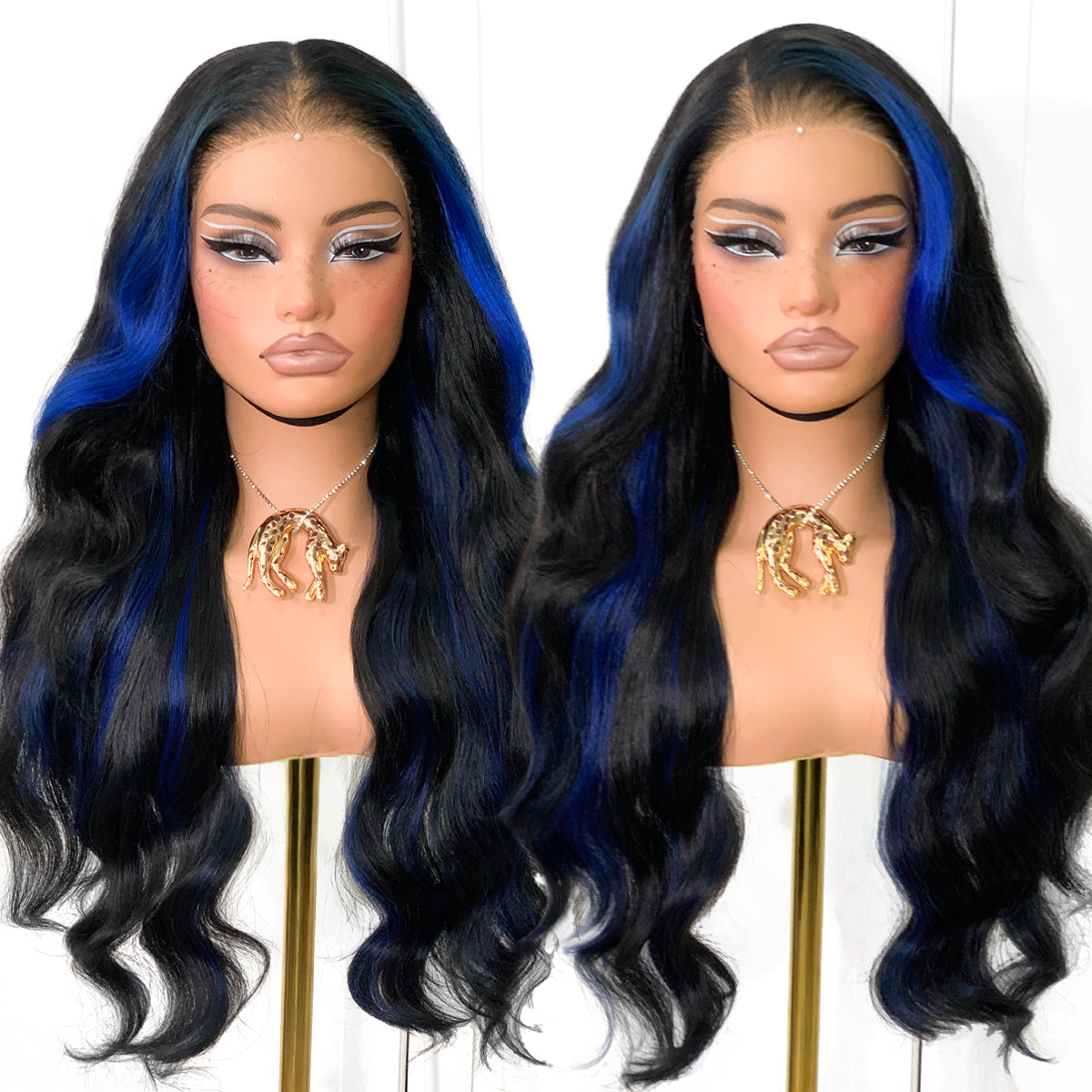 MITIMES Halloween 13x6 Dark Blue Skunk Stripe Cosplay Wig Glueless Lace Front Wigs Pre Plucked Synthetic Body Wave wig Wear and Go lace front wig for black women