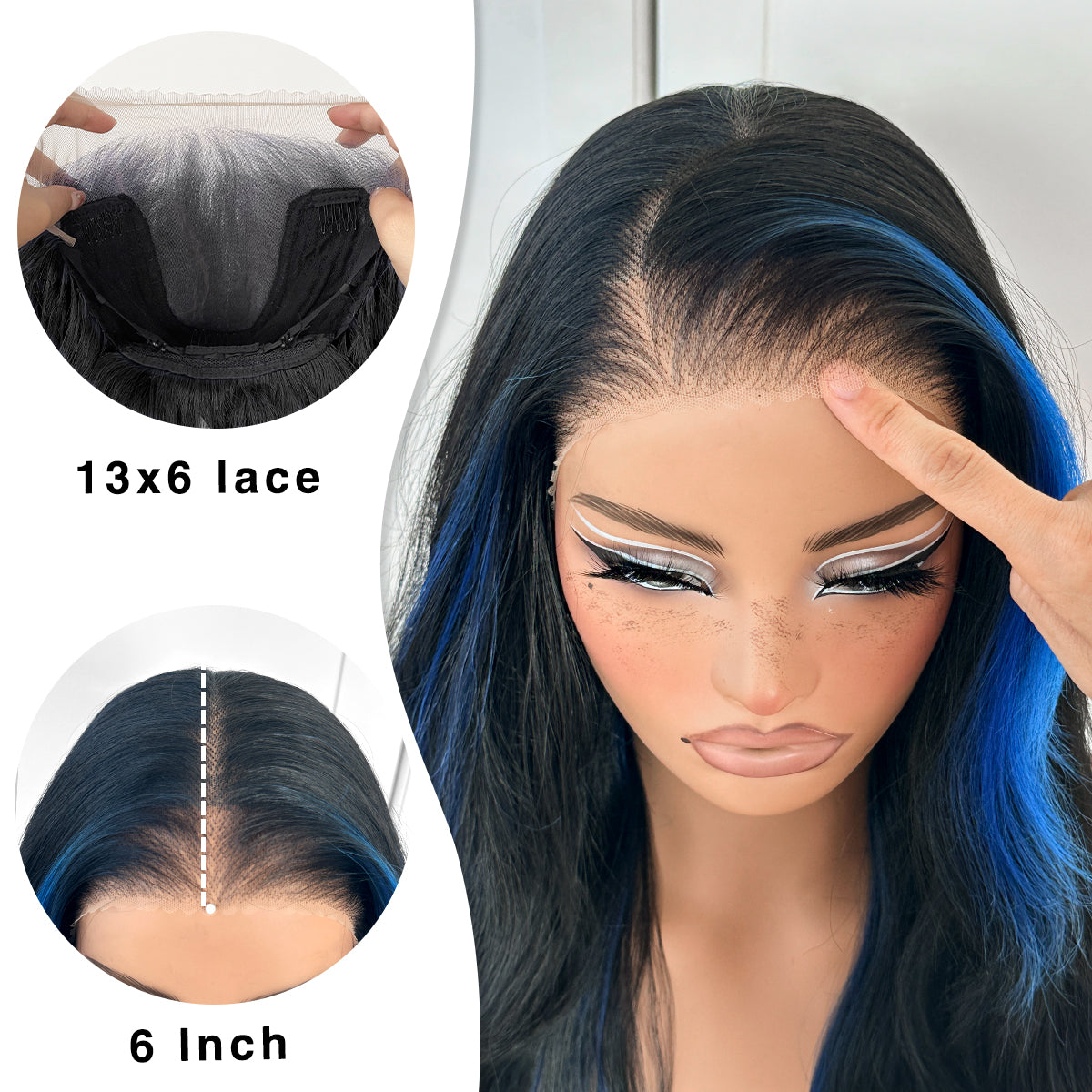 MITIMES Halloween 13x6 Dark Blue Skunk Stripe Cosplay Wig Glueless Lace Front Wigs Pre Plucked Synthetic Body Wave wig Wear and Go lace front wig for black women