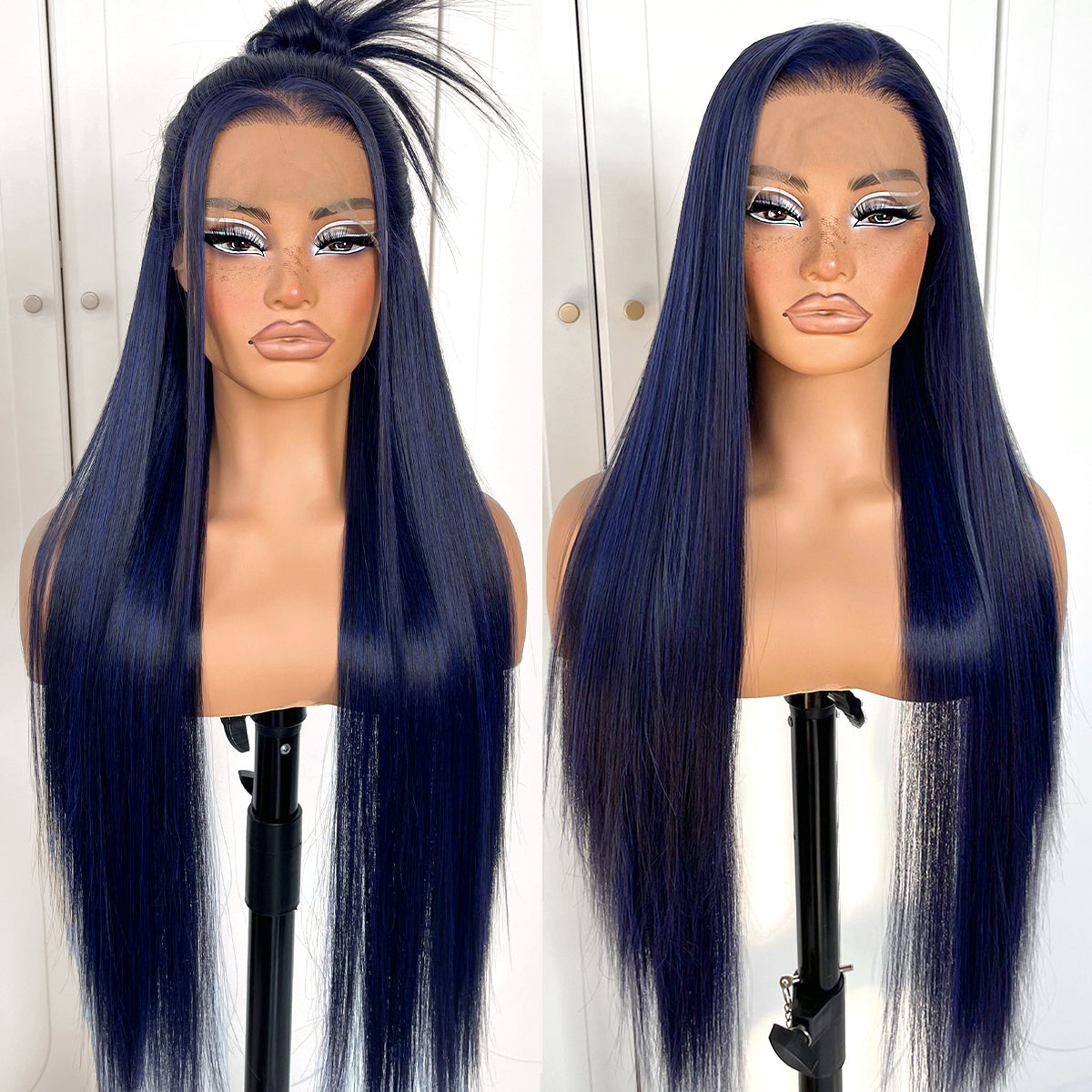 MITIMES 13x6 HD Long Straight Lace Front Wigs White Glueless Straight Hair Lace Front Wig Pre Plucked Yaki Synthetic Blue Lace Front Wig 32inch